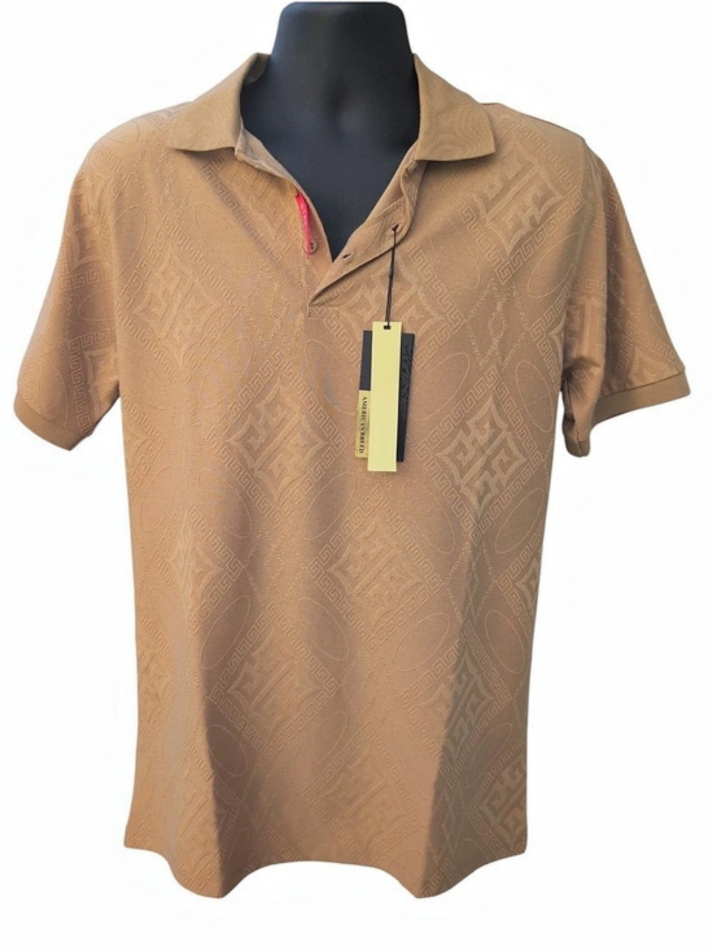 NWT American Breed Brown Woven Geometric Short Sleeve Polo Shirt Large Men's